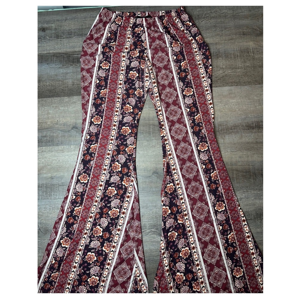 Polly & Esther Womens Boho Floral Paisley Flare Leg Bell Bottom Pants Burgundy L